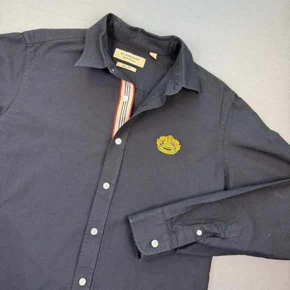 Vtg Burberry Women's L Slim Luxury Black Oxford Y2K Big EKD Logo Placket Lining - Picture 1 of 16